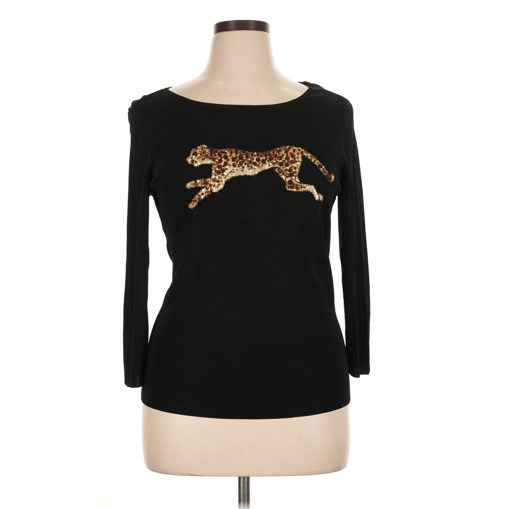 Sweaterworks Black retro Sequin Cheetah cat Sweater XL 3/4 boho whimsi dainty y2
